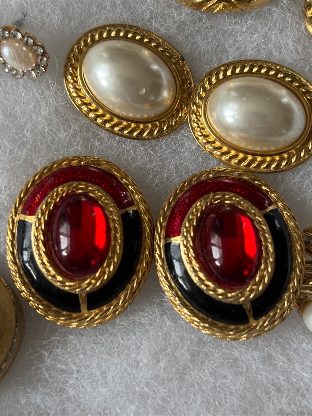 Vintage Gold-Tone Earrings with Red and Black Cabochons